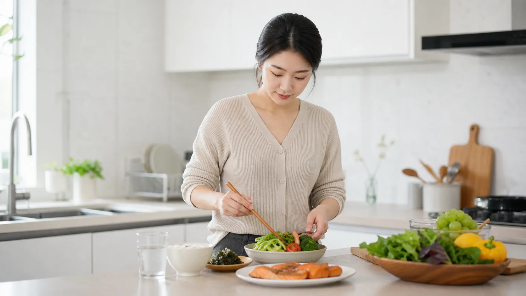 무리한 식사 제한을 피하고 균형 잡힌 식사를 준비하는 20대 후반 여성