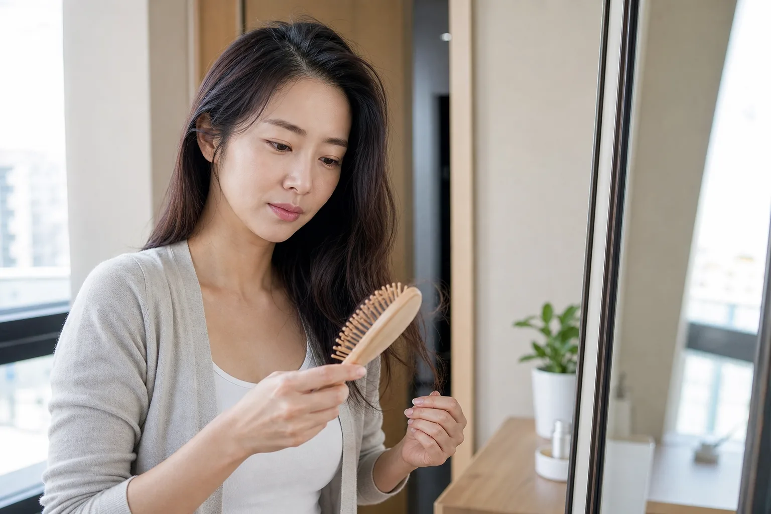 출산 후 머리카락 빠짐을 차분히 살펴보는 30대 여성