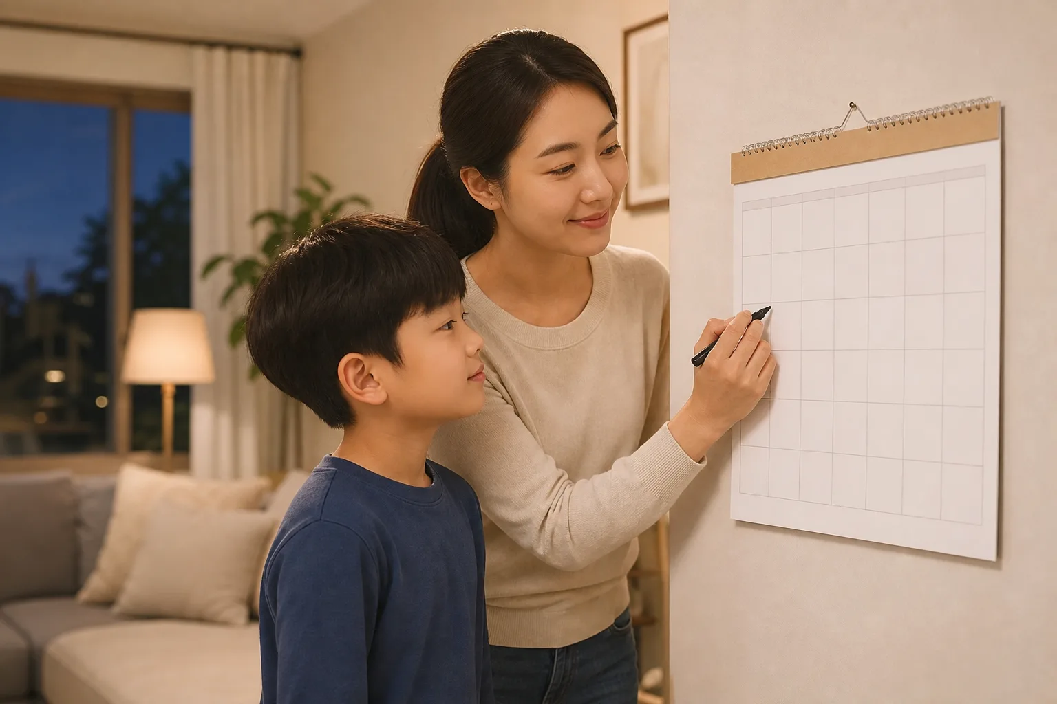 야뇨와 수면 일정을 빈 달력에 표시하는 8세 아이와 보호자
