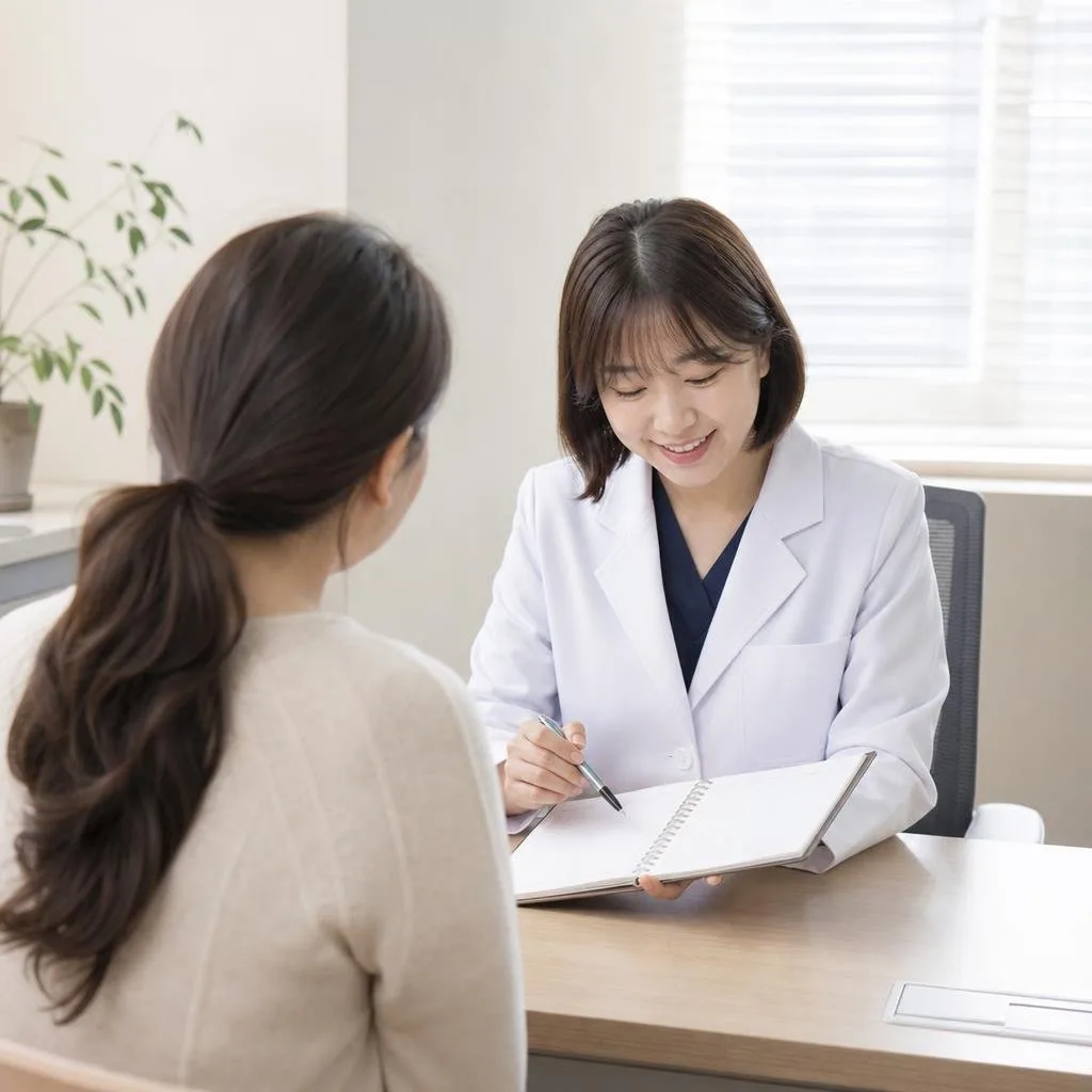 진료실에서 생리 증상 기록을 함께 살펴보는 여성과 의료진