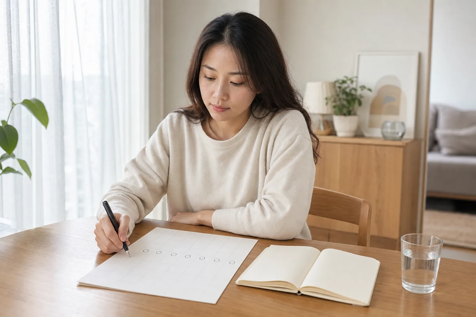 생리 전 감정과 수면 변화를 빈 달력에 기록하는 30대 여성