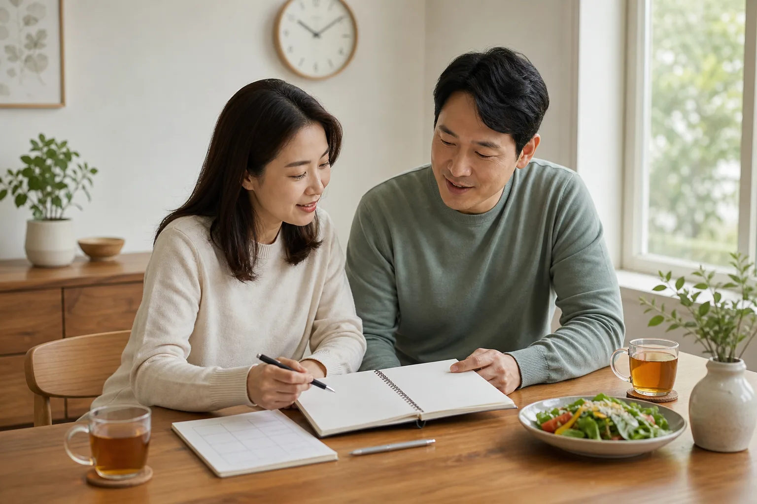 임신 준비 기록을 함께 살펴보는 부부