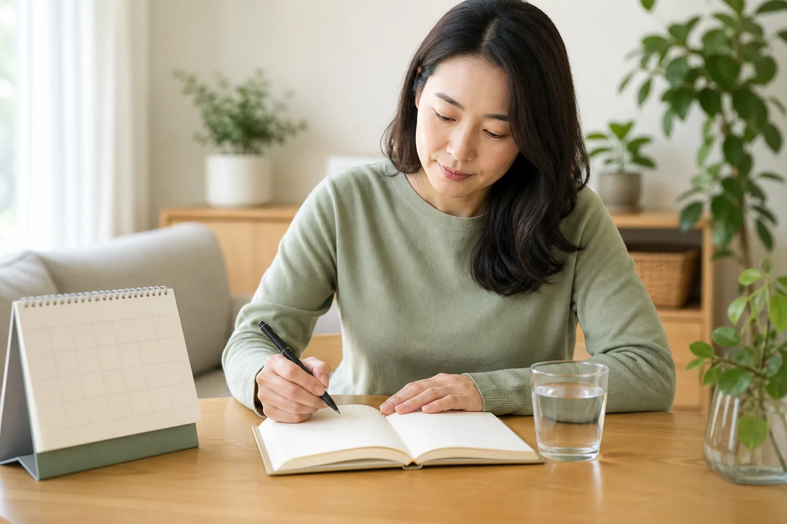 생리 기간과 출혈 증상을 기록하는 여성