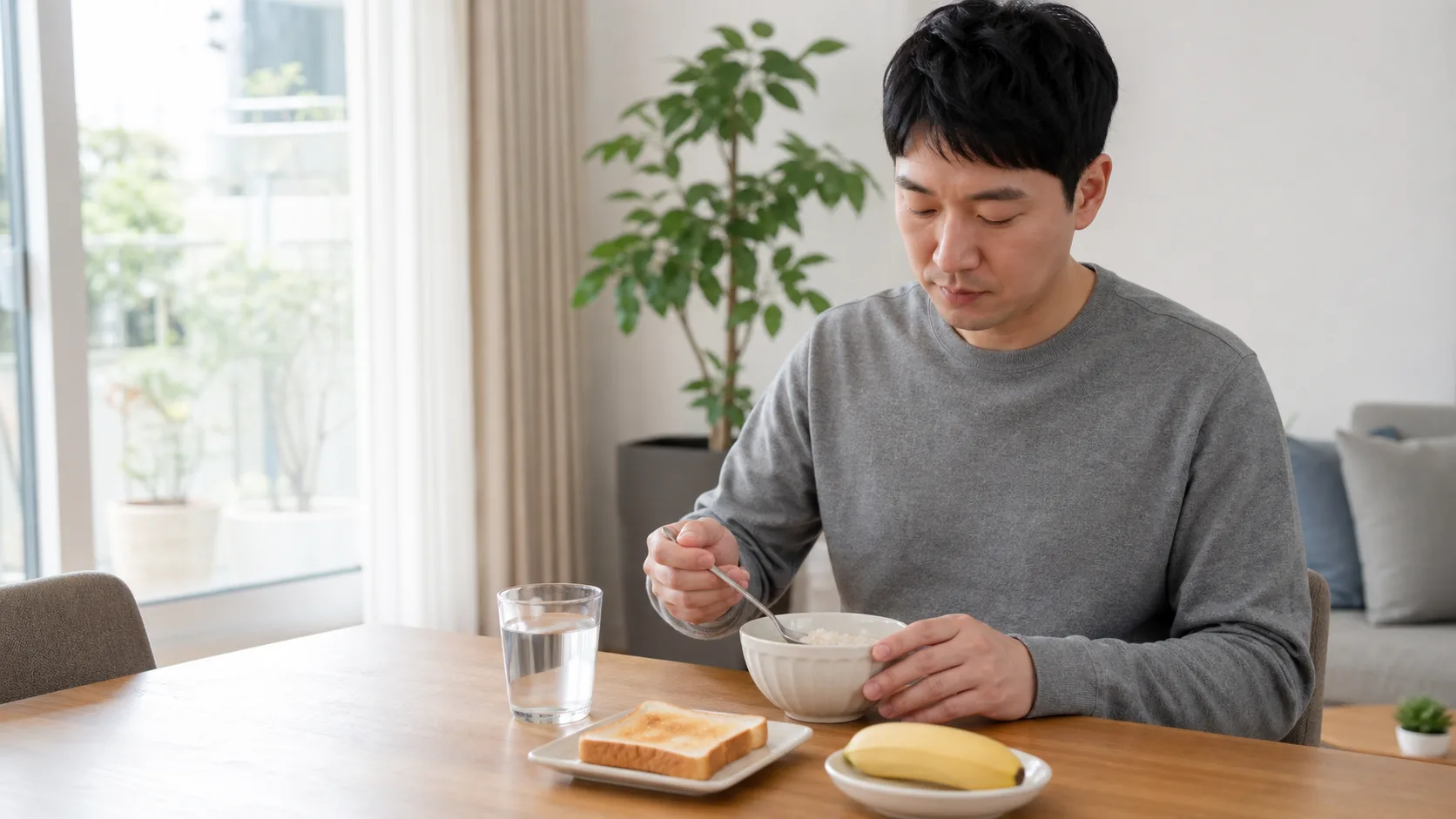 속이 불편한 날 부드러운 죽과 물을 소량 준비하는 성인 남성