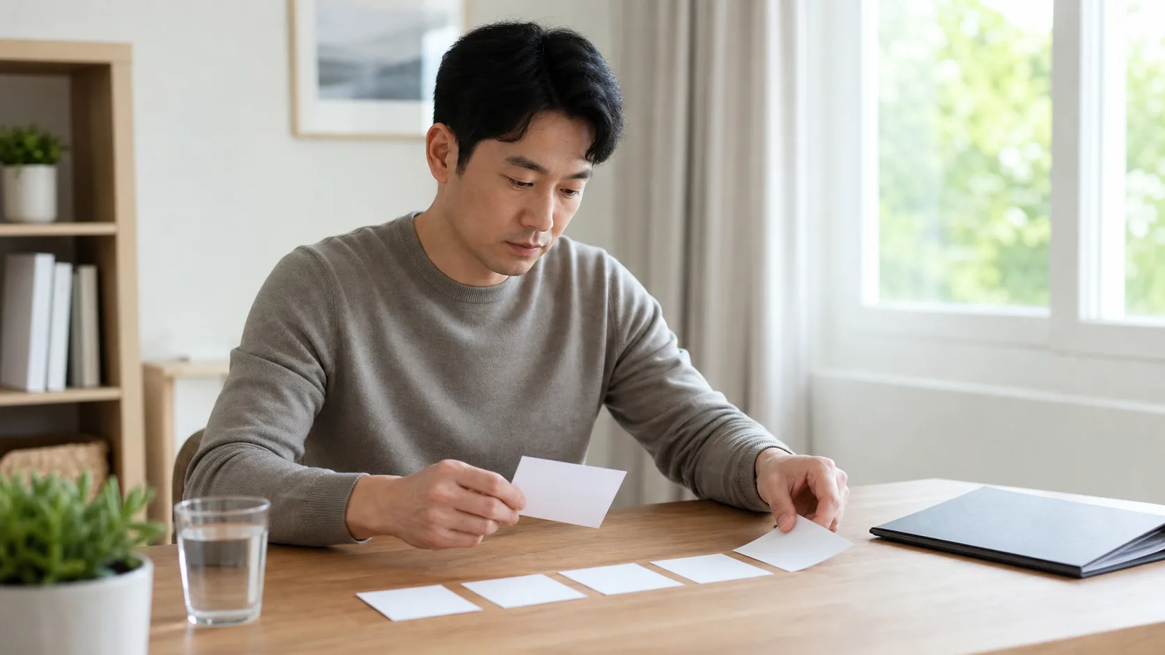증상 흐름을 정리할 빈 메모 카드를 살피는 성인 남성