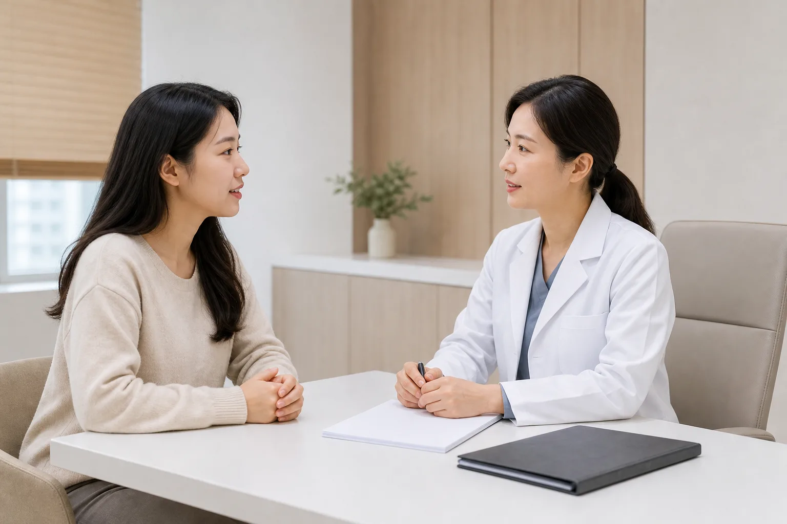 성인 여성과 현대적인 흰 가운 의료진이 기록을 두고 상담하는 모습