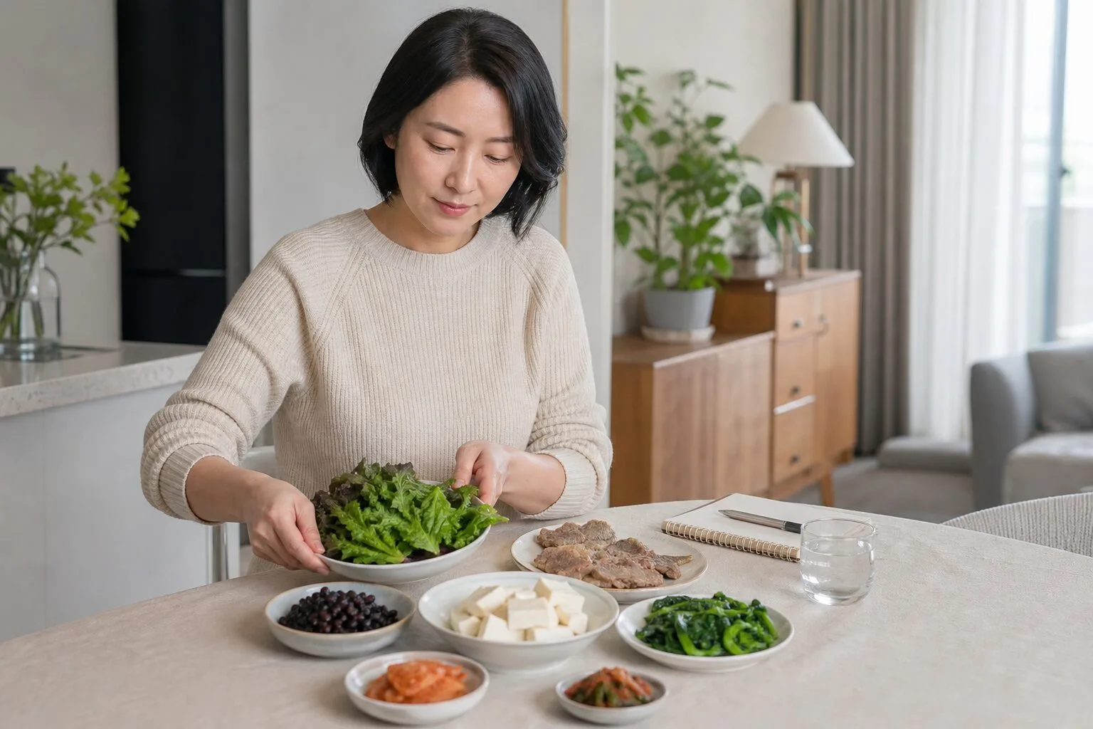 집 식탁에서 채소와 콩, 두부와 고기가 있는 식사를 준비하는 30대 후반 한국인 여성