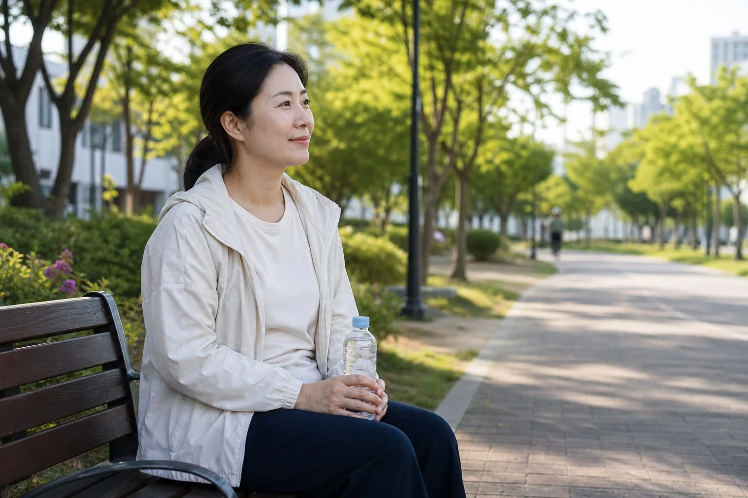 도심 공원 산책 중 벤치에서 물을 마시며 쉬는 30대 후반 한국인 여성