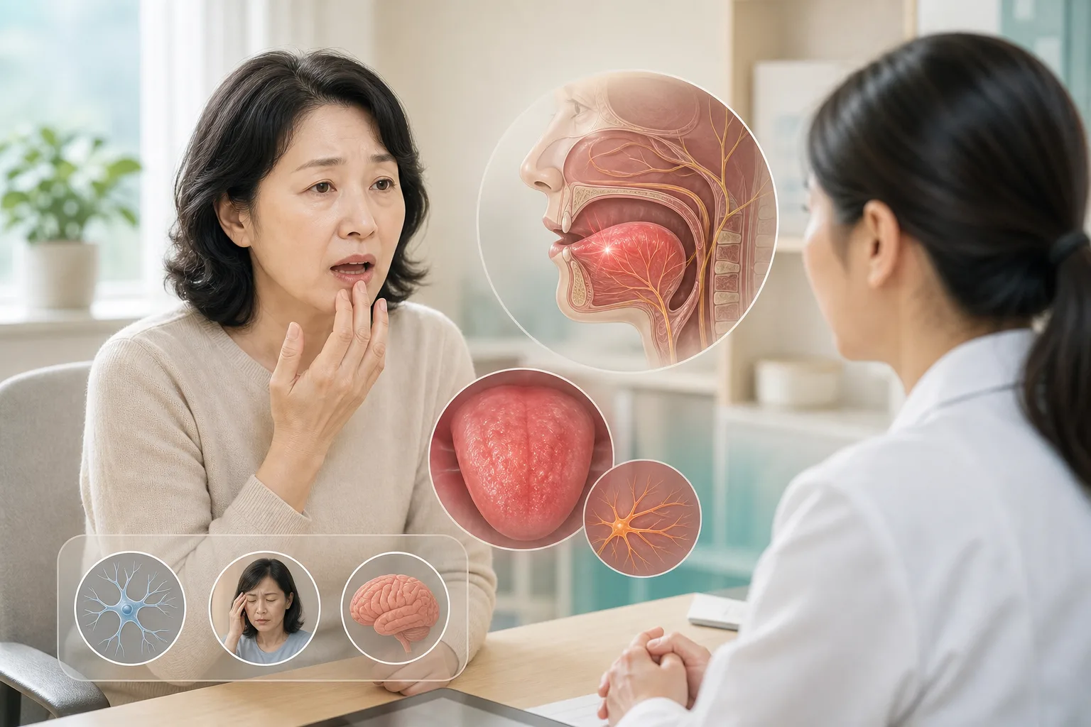 혀의 화끈거림 원인을 상담하는 여성
