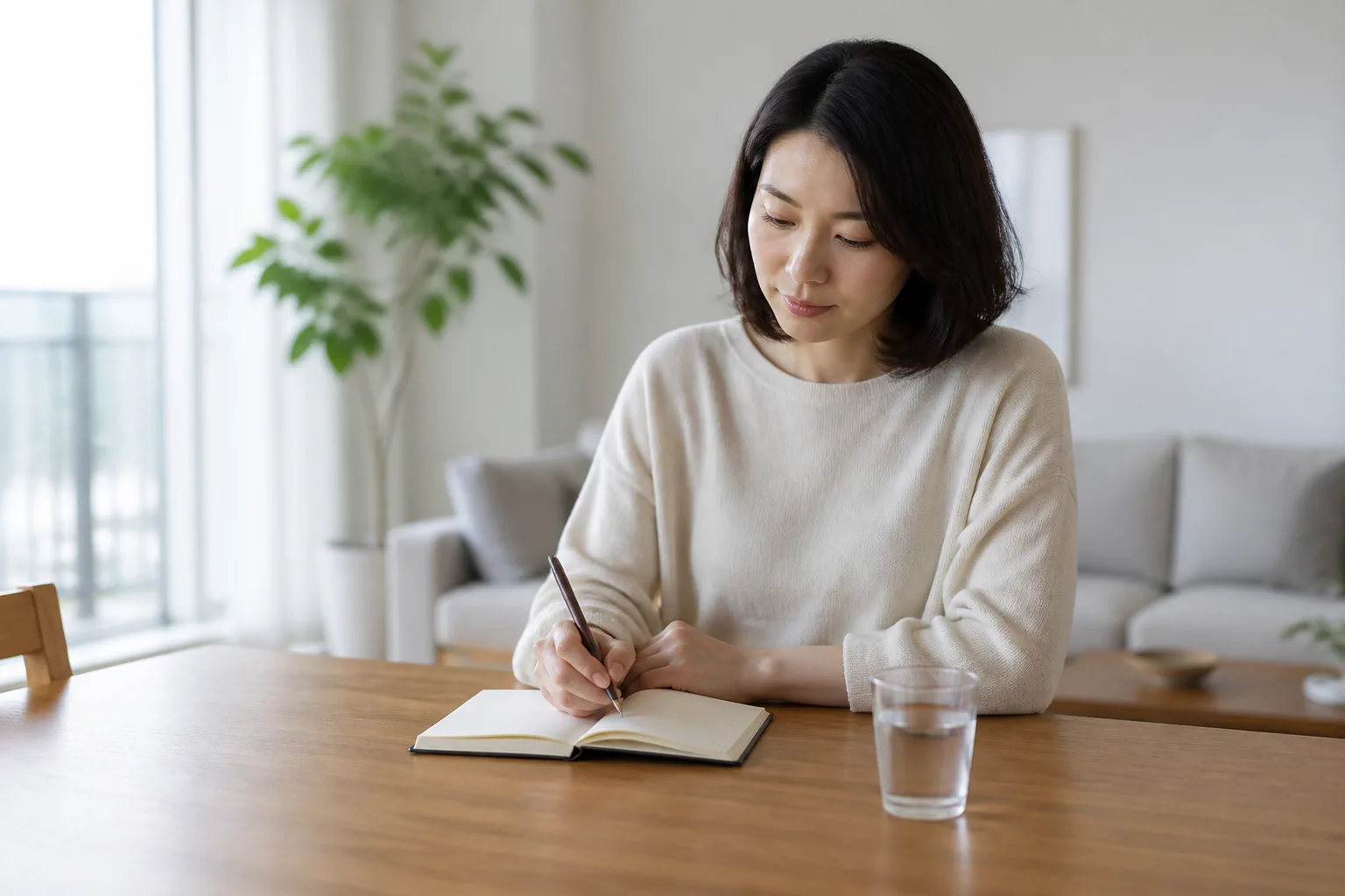집에서 배뇨와 통증 변화를 차분히 기록하는 성인 여성