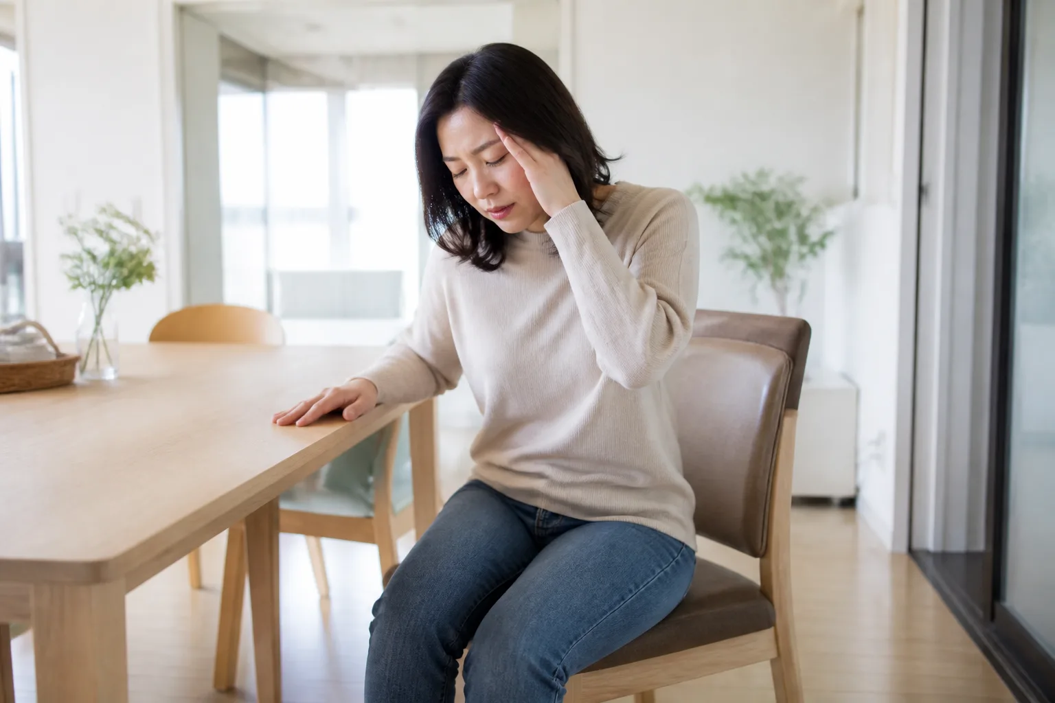 집에서 어지럼을 느껴 의자에 앉아 안전을 확보한 성인 여성