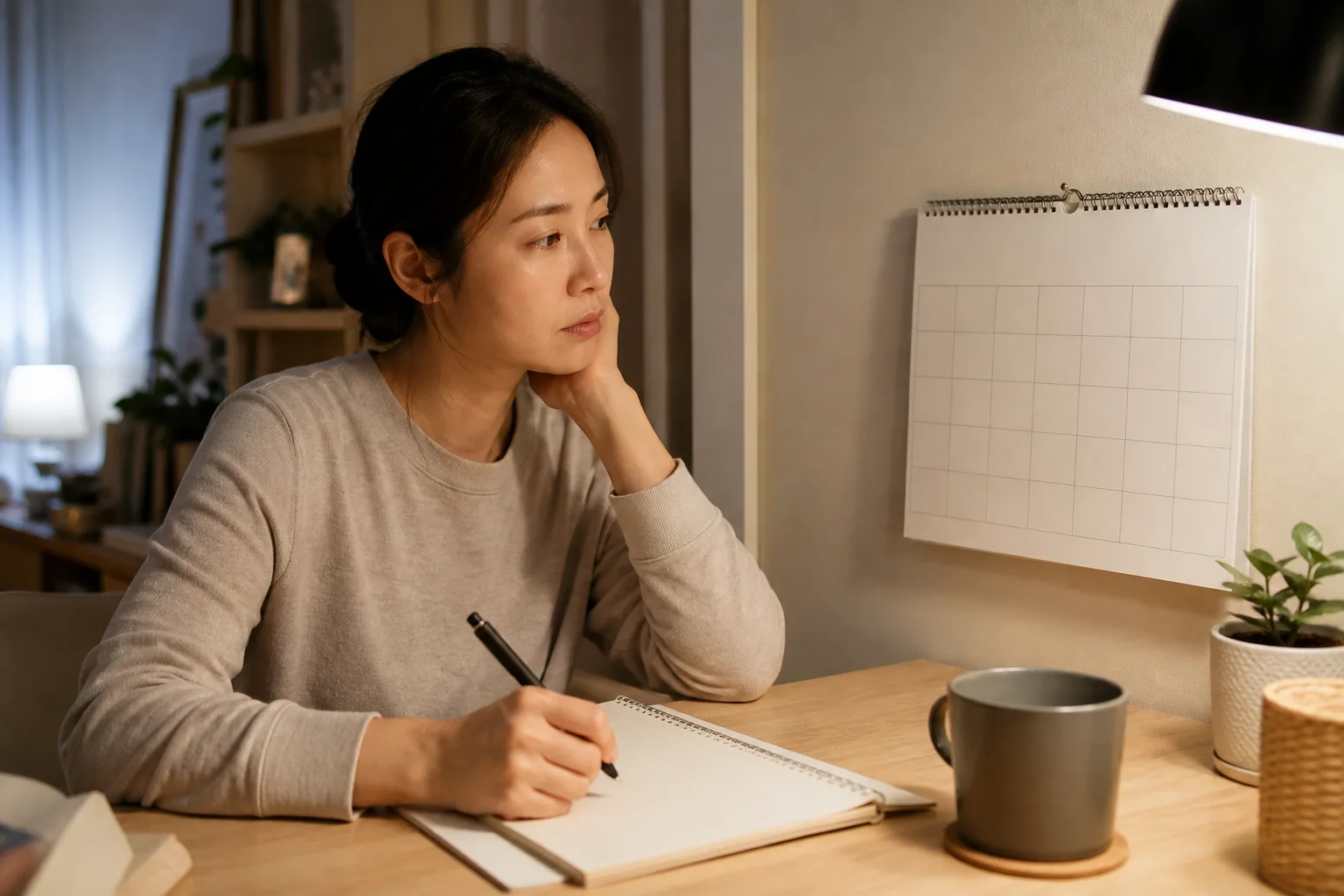 집에서 달력과 노트에 생리 전 기분 변화를 기록하는 성인 여성