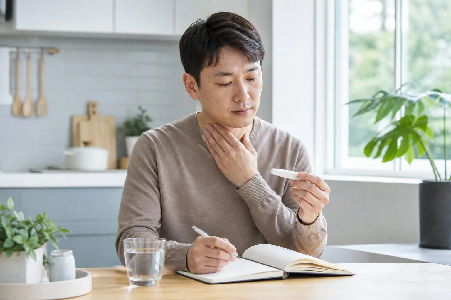 밝은 집 식탁에서 체온계를 확인하며 빈 노트에 목 통증 경과를 기록하는 30대 한국인 남성
