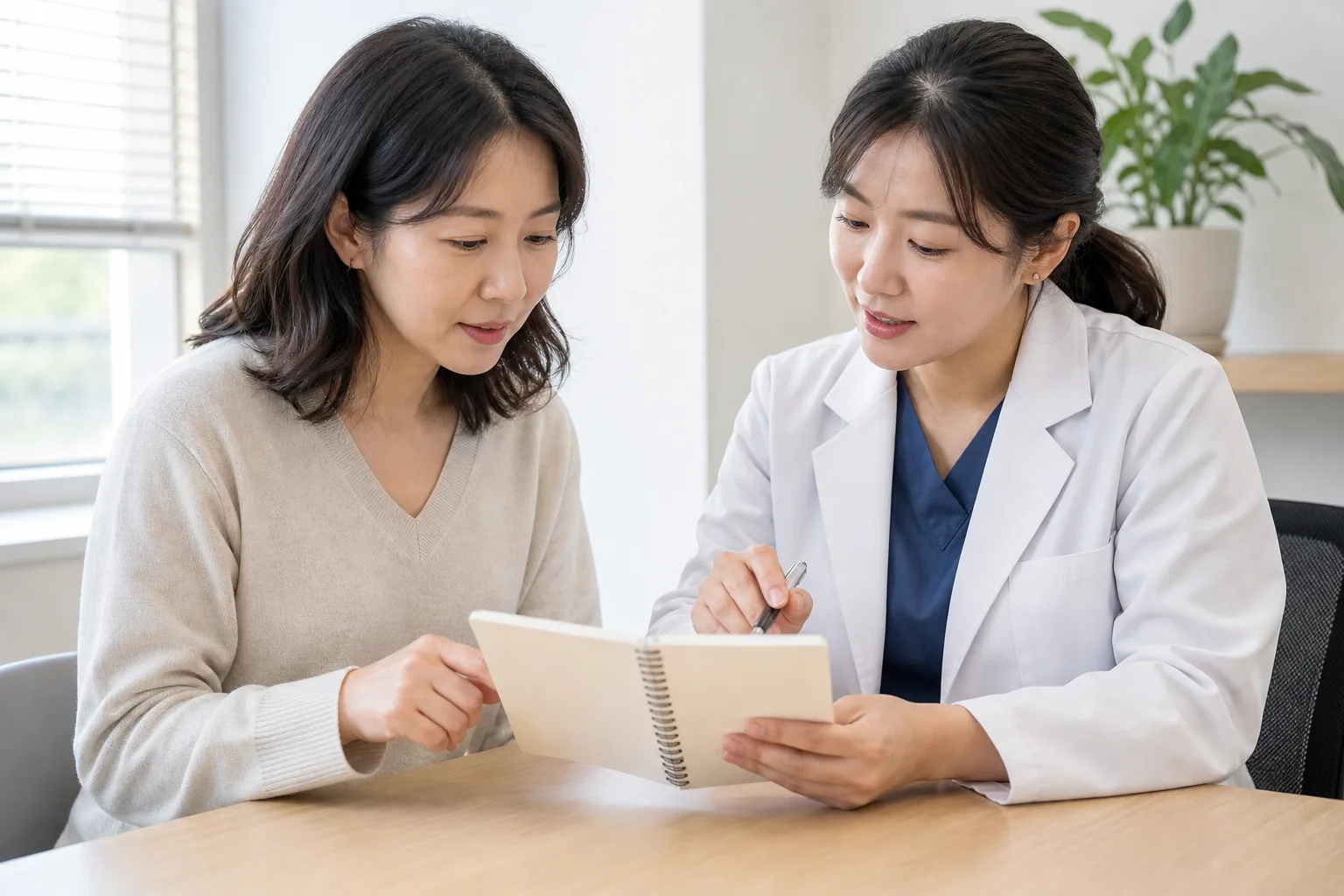 여성 의료진과 어지럼 증상 기록을 함께 살펴보는 성인 여성