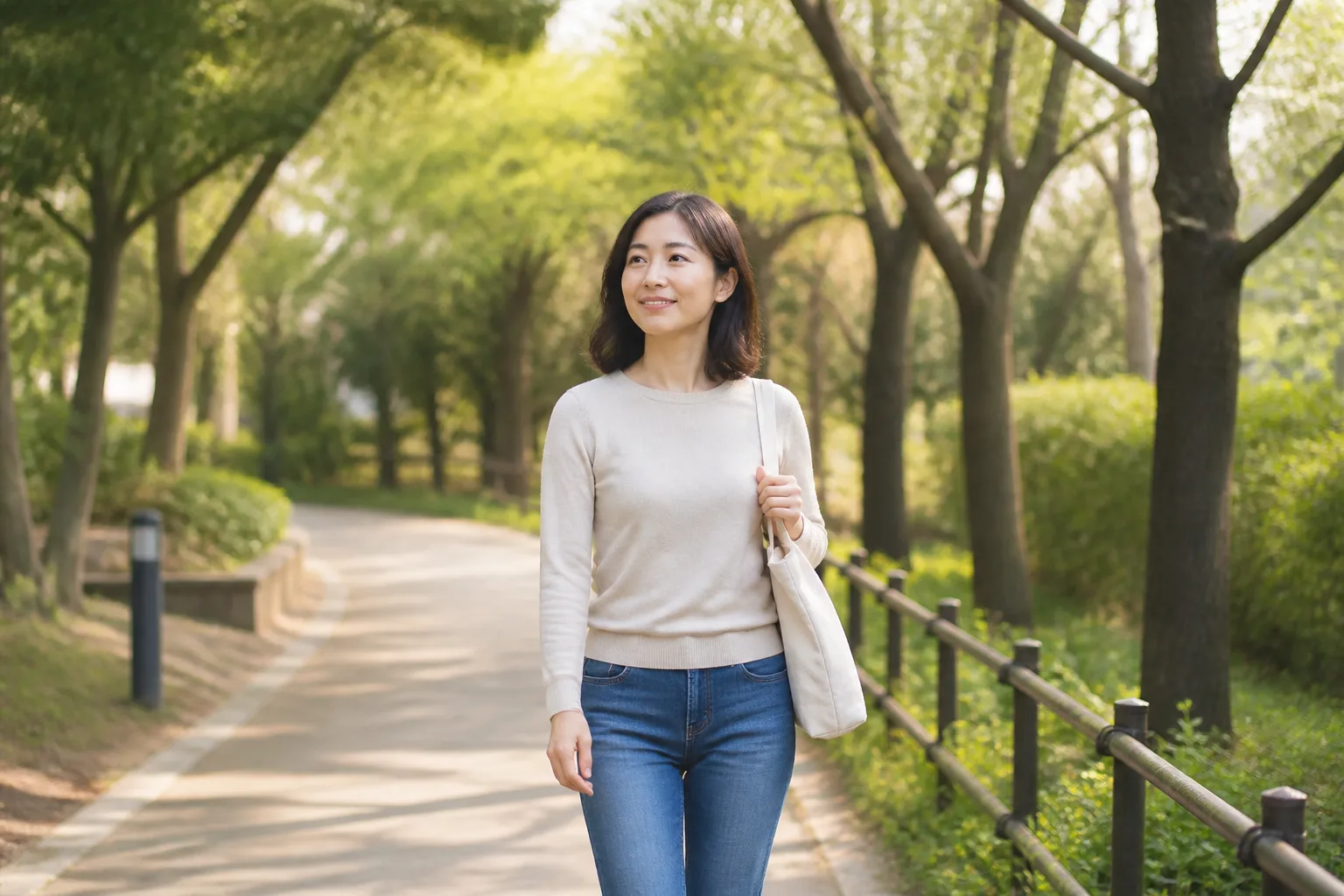 나무가 있는 공원 산책로를 편안하게 걷는 성인 여성
