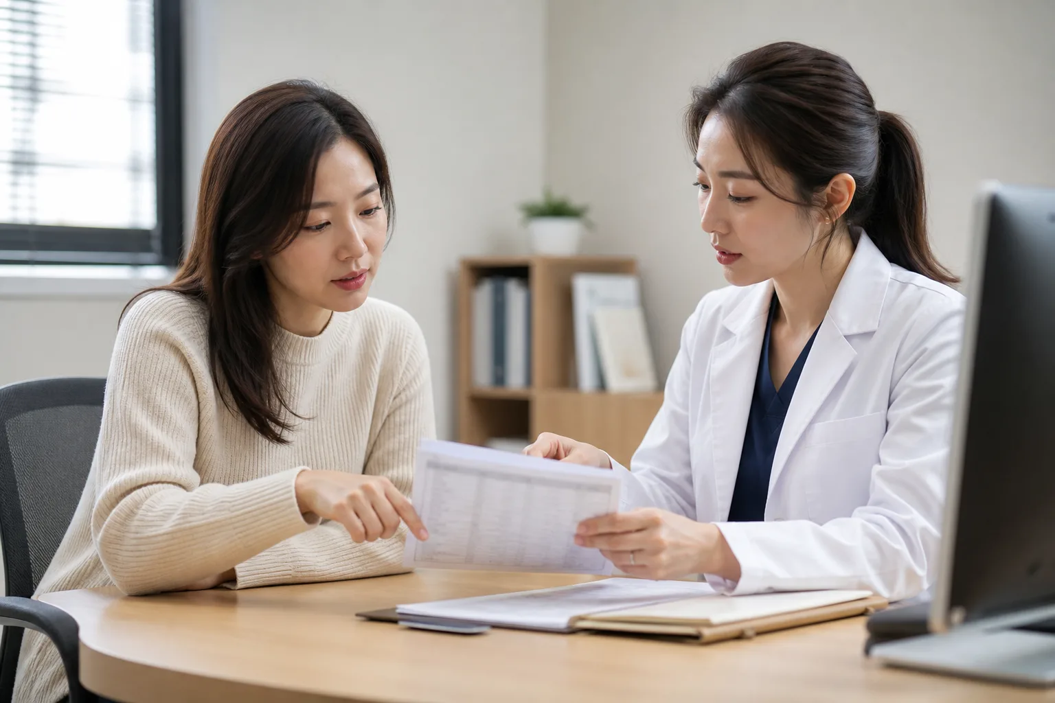 의료진과 혈액검사 결과를 함께 살펴보는 성인 여성