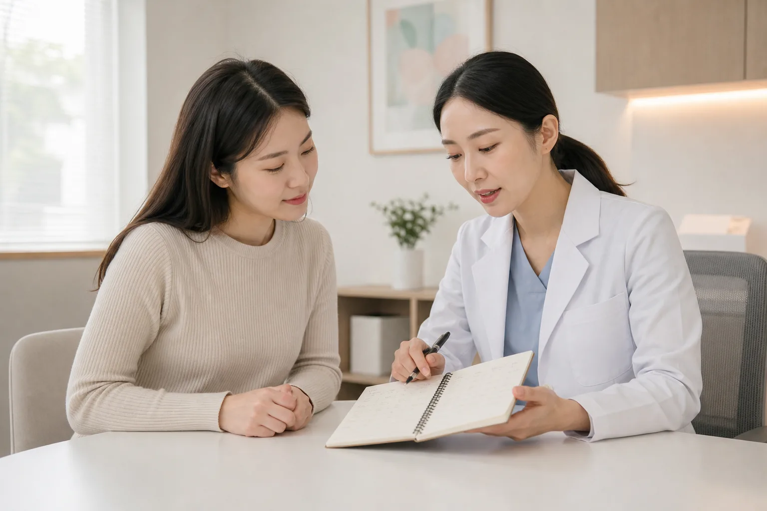 여성 의료진과 생리 전 기분 변화 기록을 함께 살펴보는 성인 여성