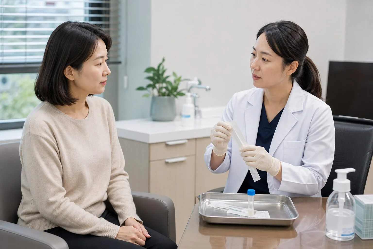 현대적인 진료실에서 흰 가운 의료진이 성인 여성에게 인후 면봉 검사 준비를 설명하는 모습