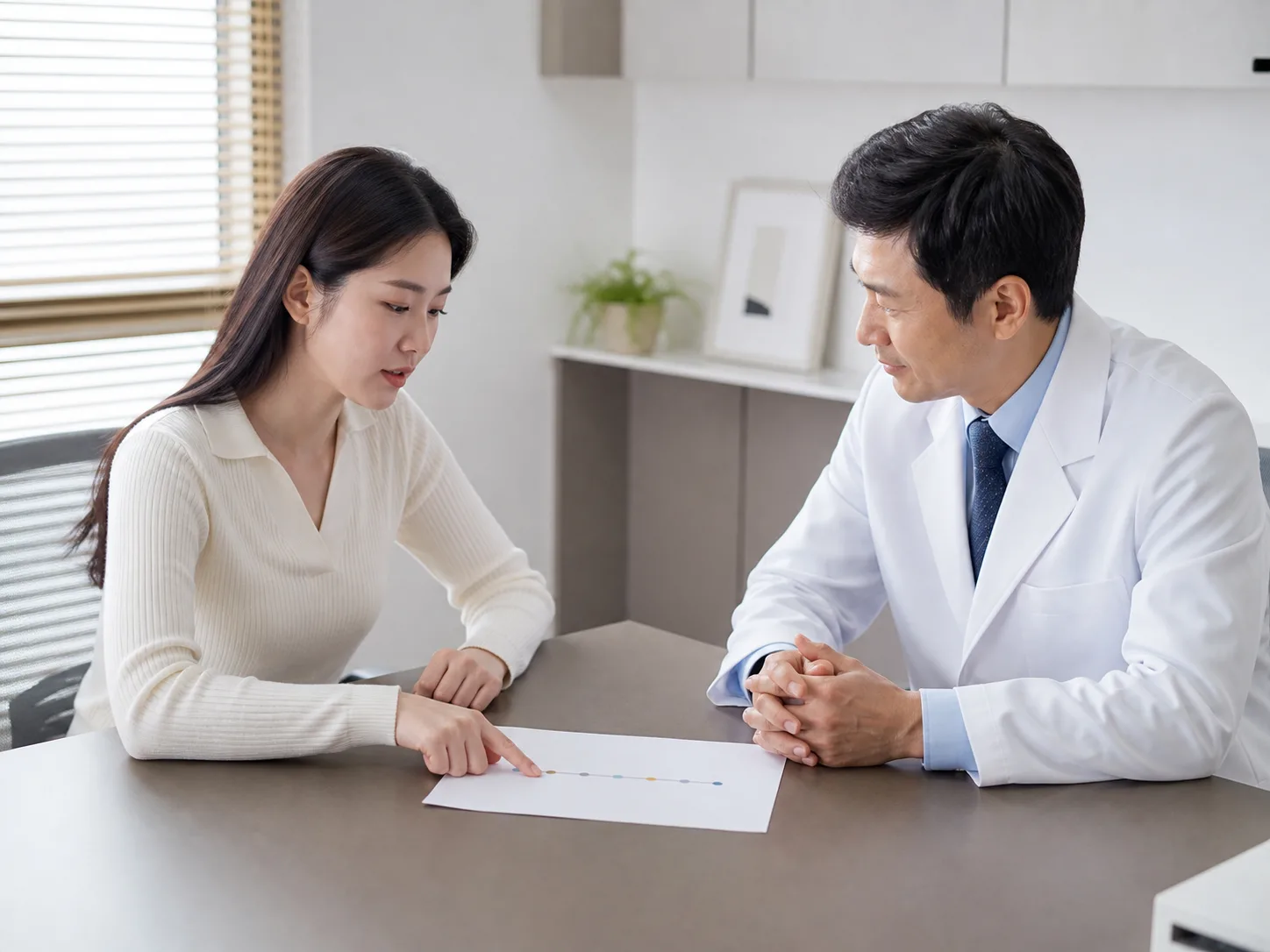 출혈 기록을 현대적인 흰 가운의 의료진과 함께 살펴보는 가임기 여성