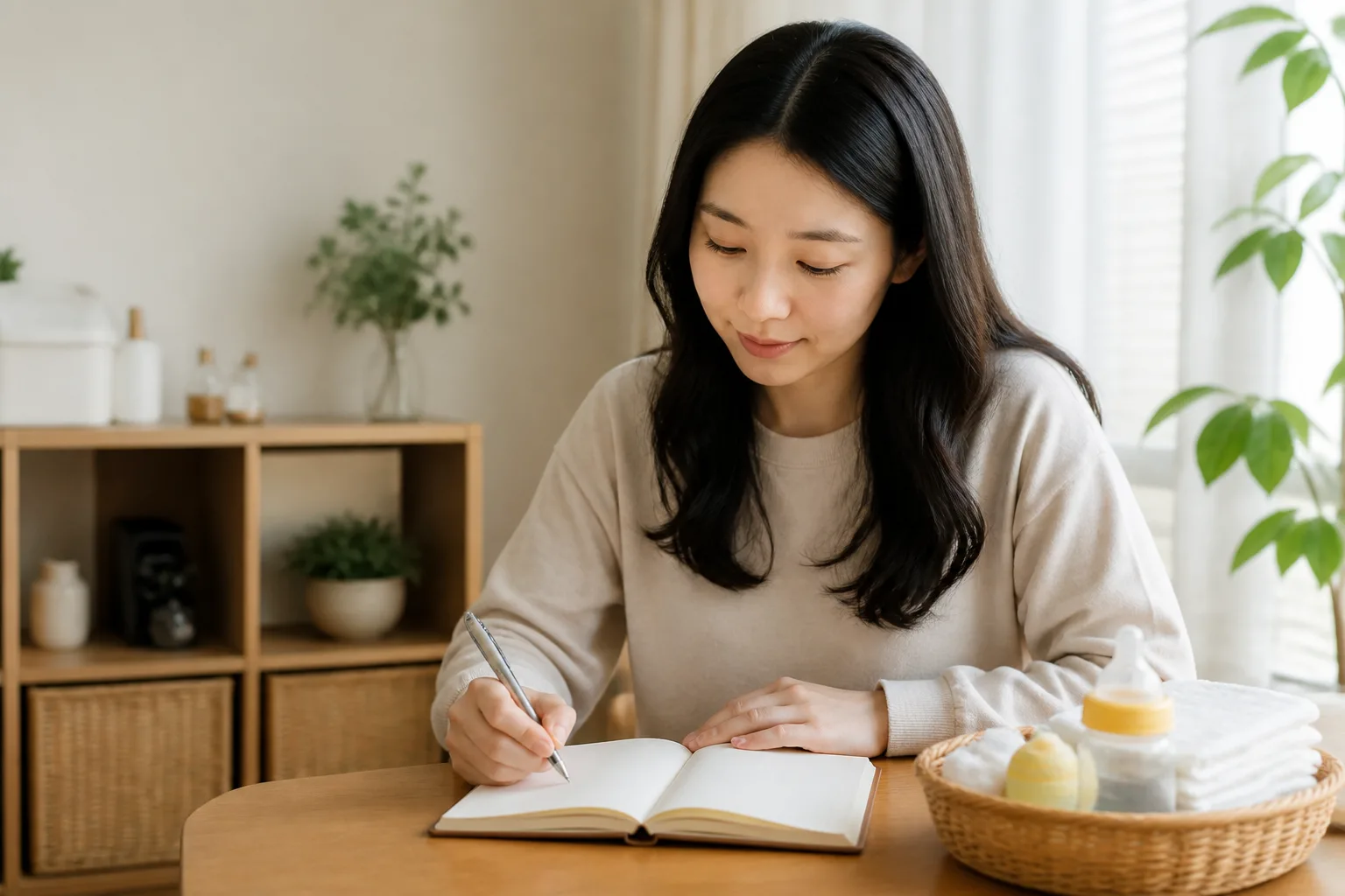산후 회복 중인 여성이 노트에 변화 기록을 정리하는 모습