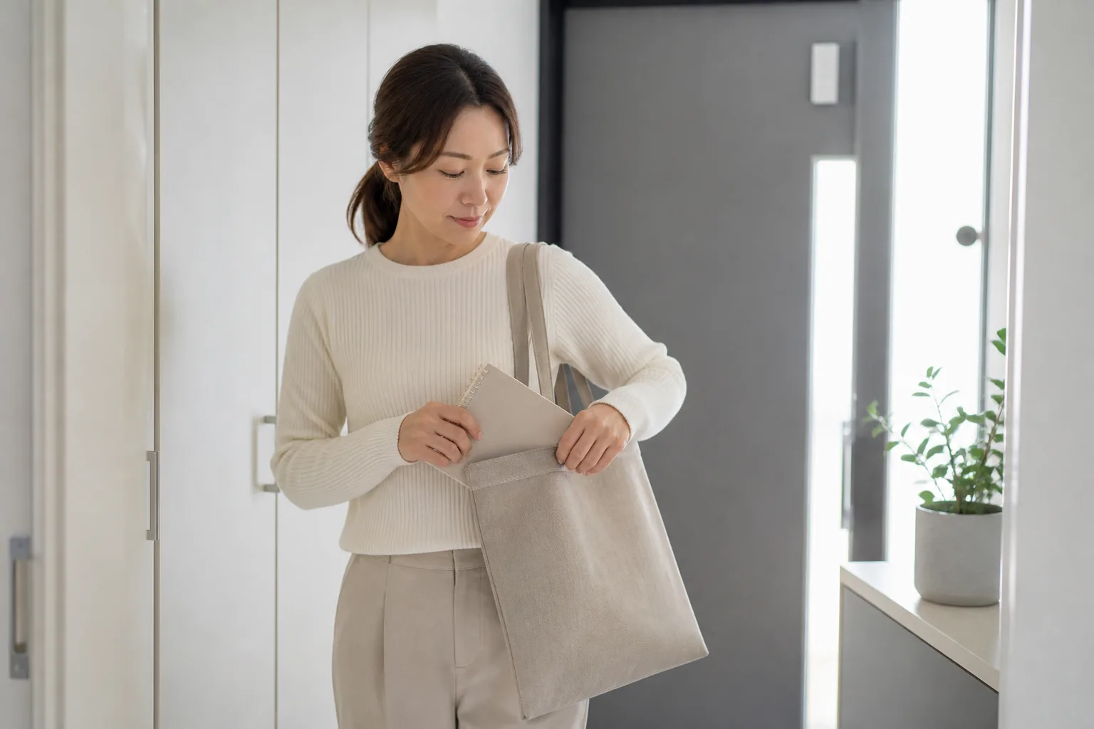 성인 여성이 빈 기록장을 가방에 넣는 모습