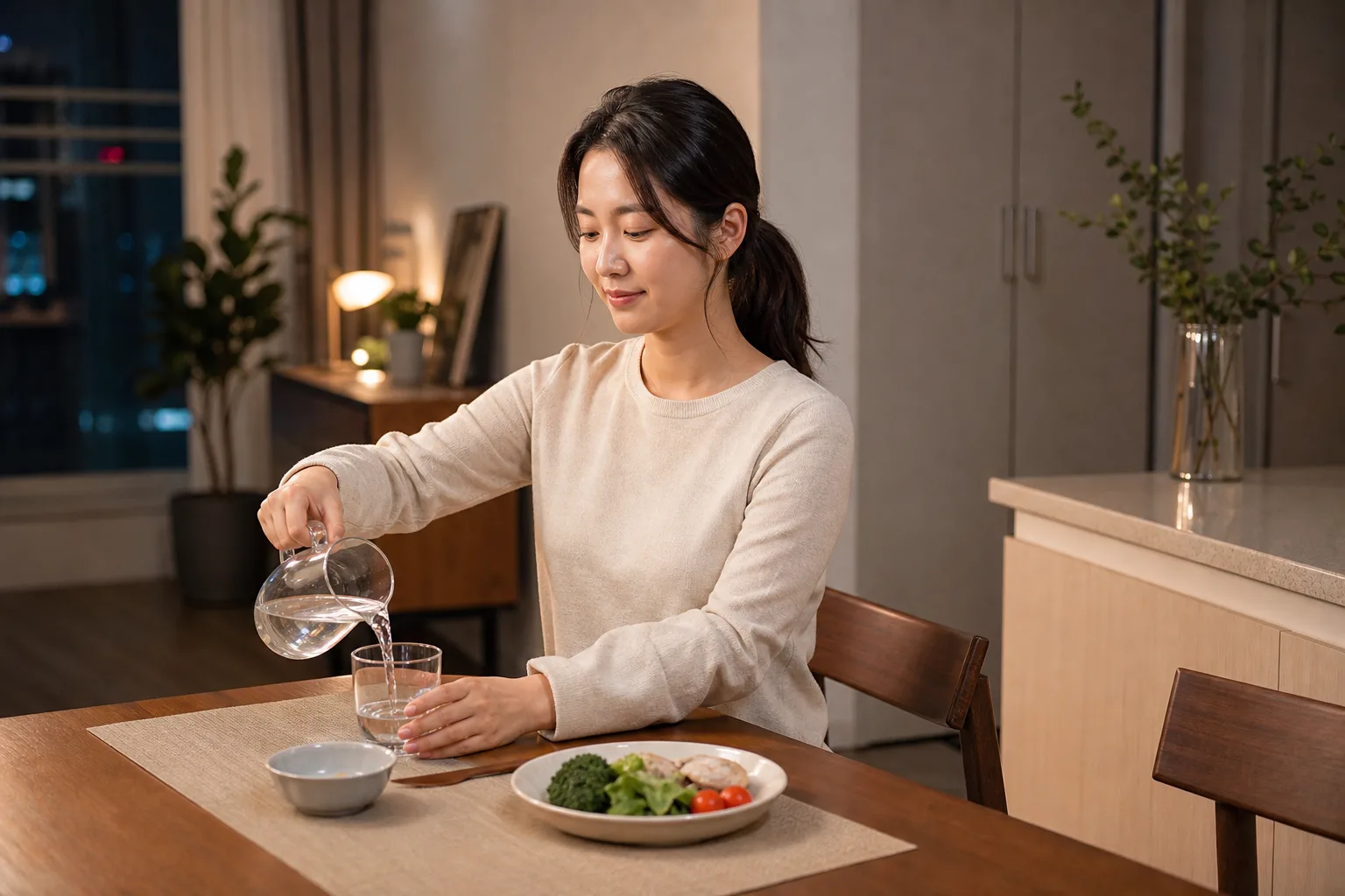 현대적인 집 식탁에서 가벼운 저녁 식사와 물을 준비하는 30대 여성