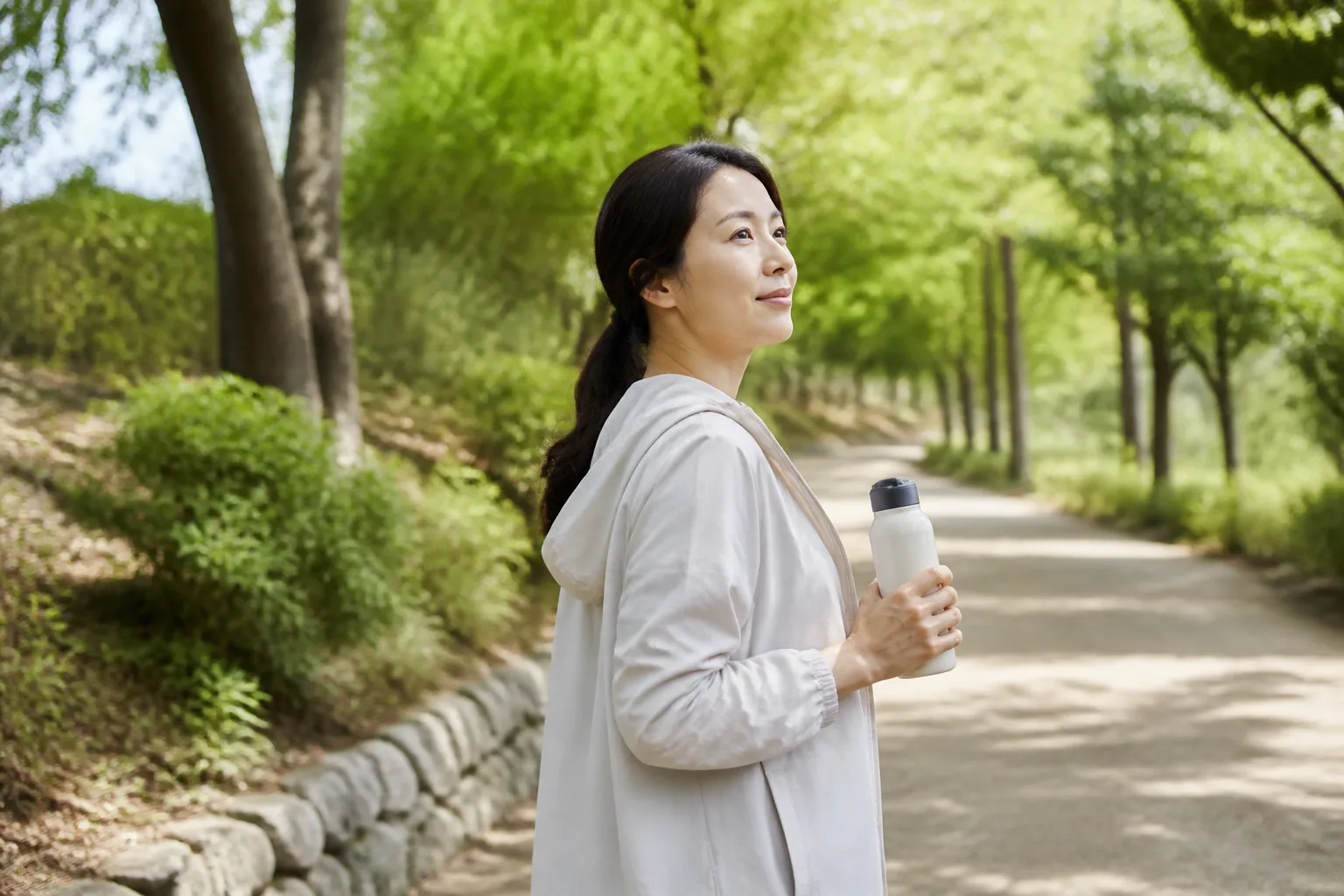 공원 산책로에서 물병을 들고 잠시 쉬는 30대 여성