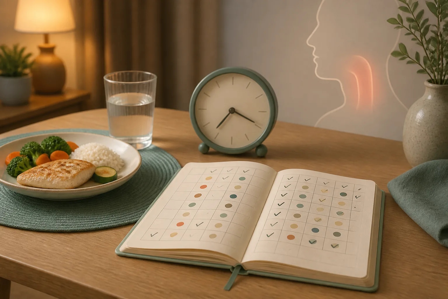 저녁 식사와 물, 시계 옆에서 목 증상 패턴을 표시하는 글자 없는 기록 노트