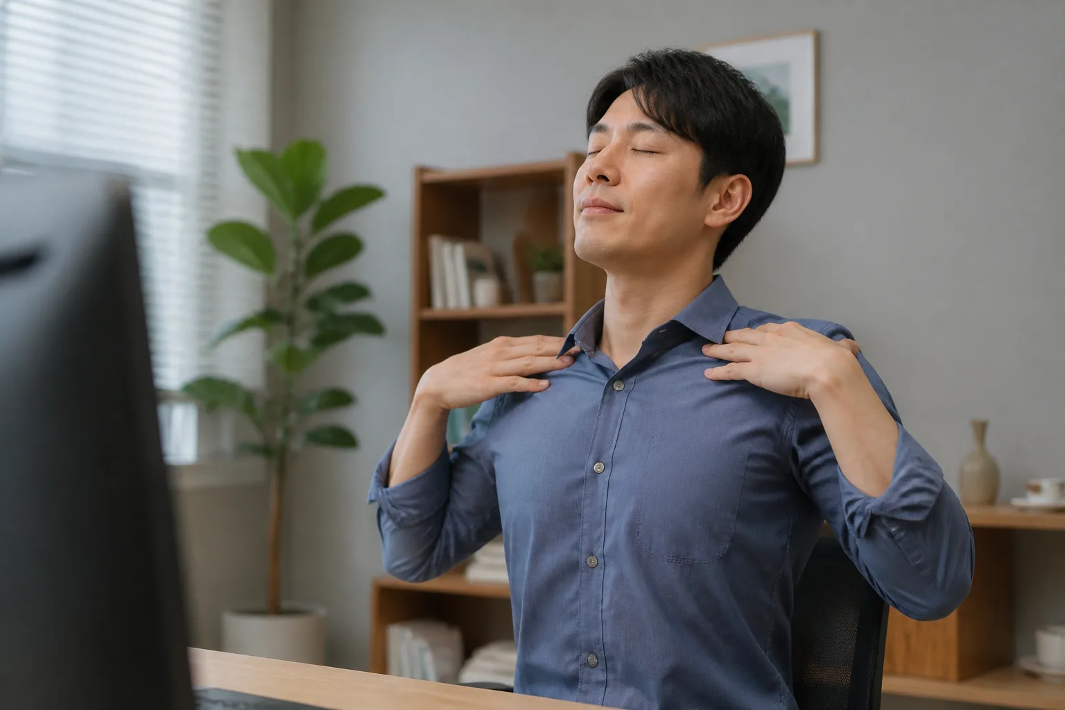 컴퓨터 작업 중 목과 어깨를 가볍게 이완하는 한국인 성인 남성