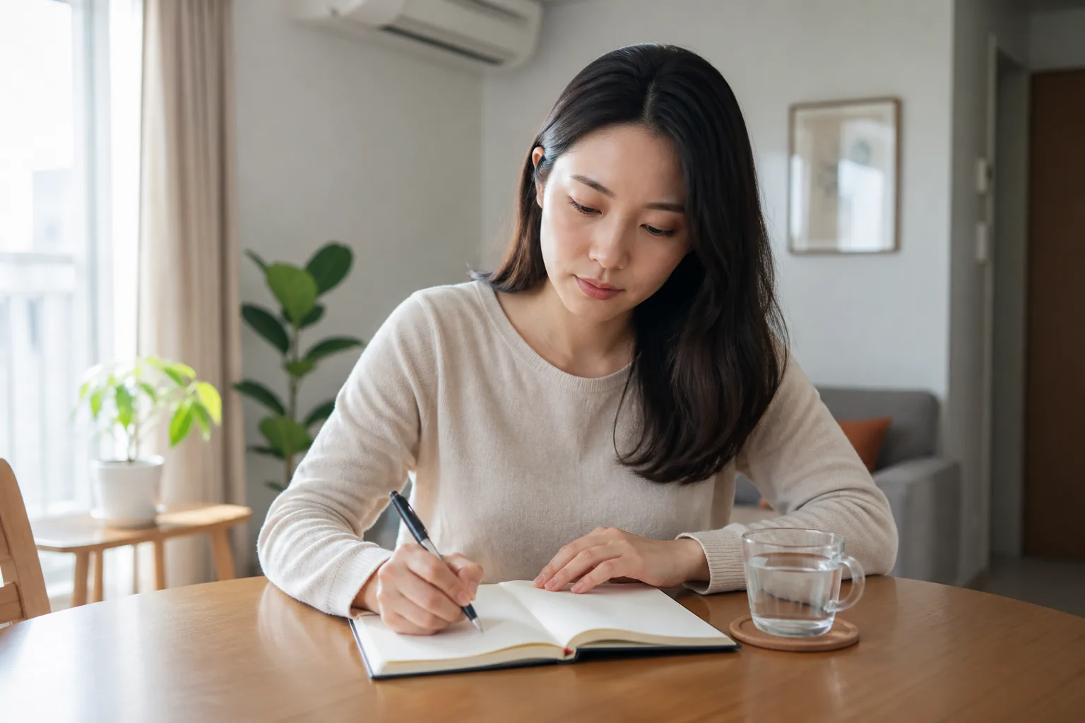 집에서 골반통 증상과 생활 패턴을 기록하는 30대 여성