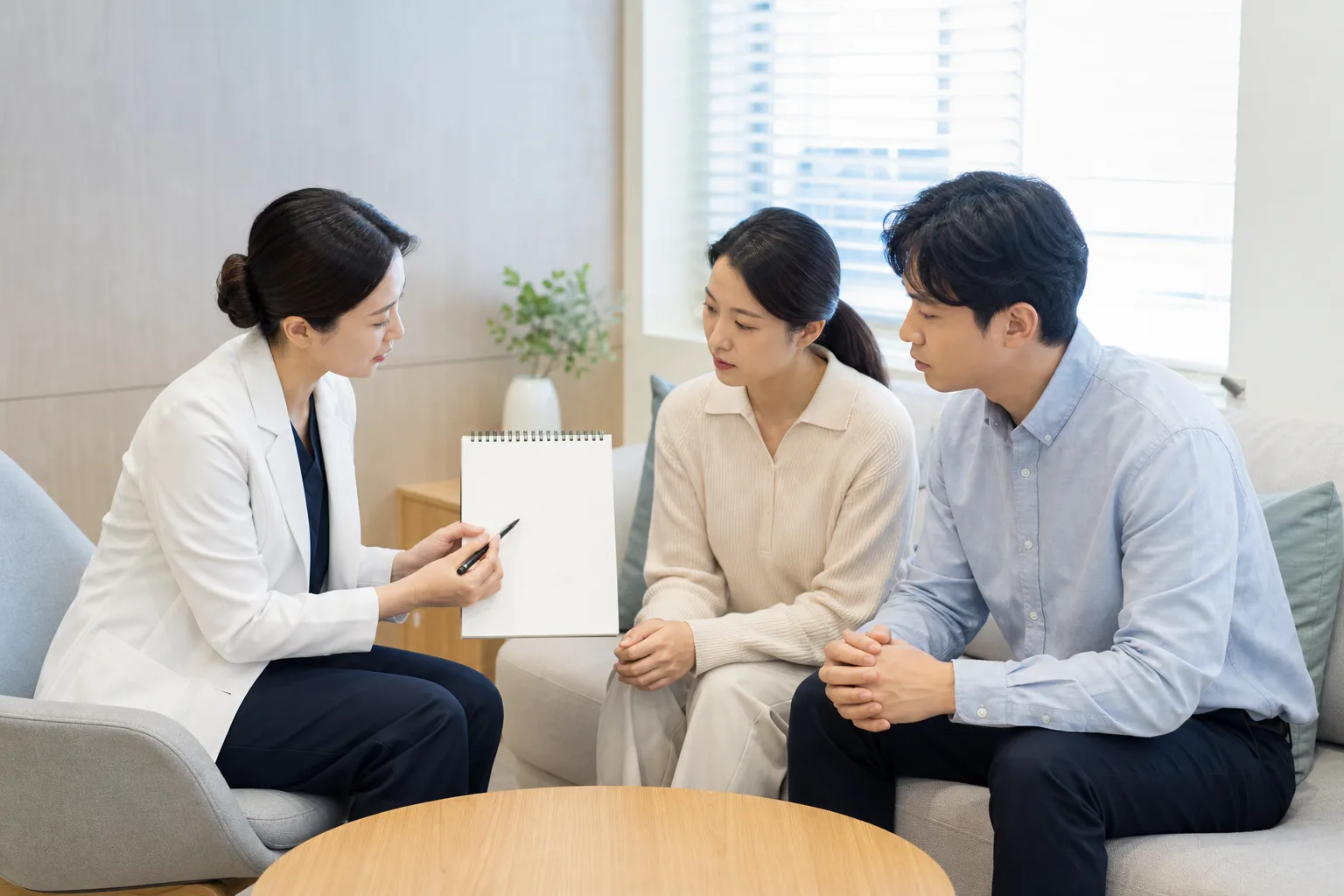 여성 의료진과 다음 검사 순서를 상담하는 성인 여성과 배우자