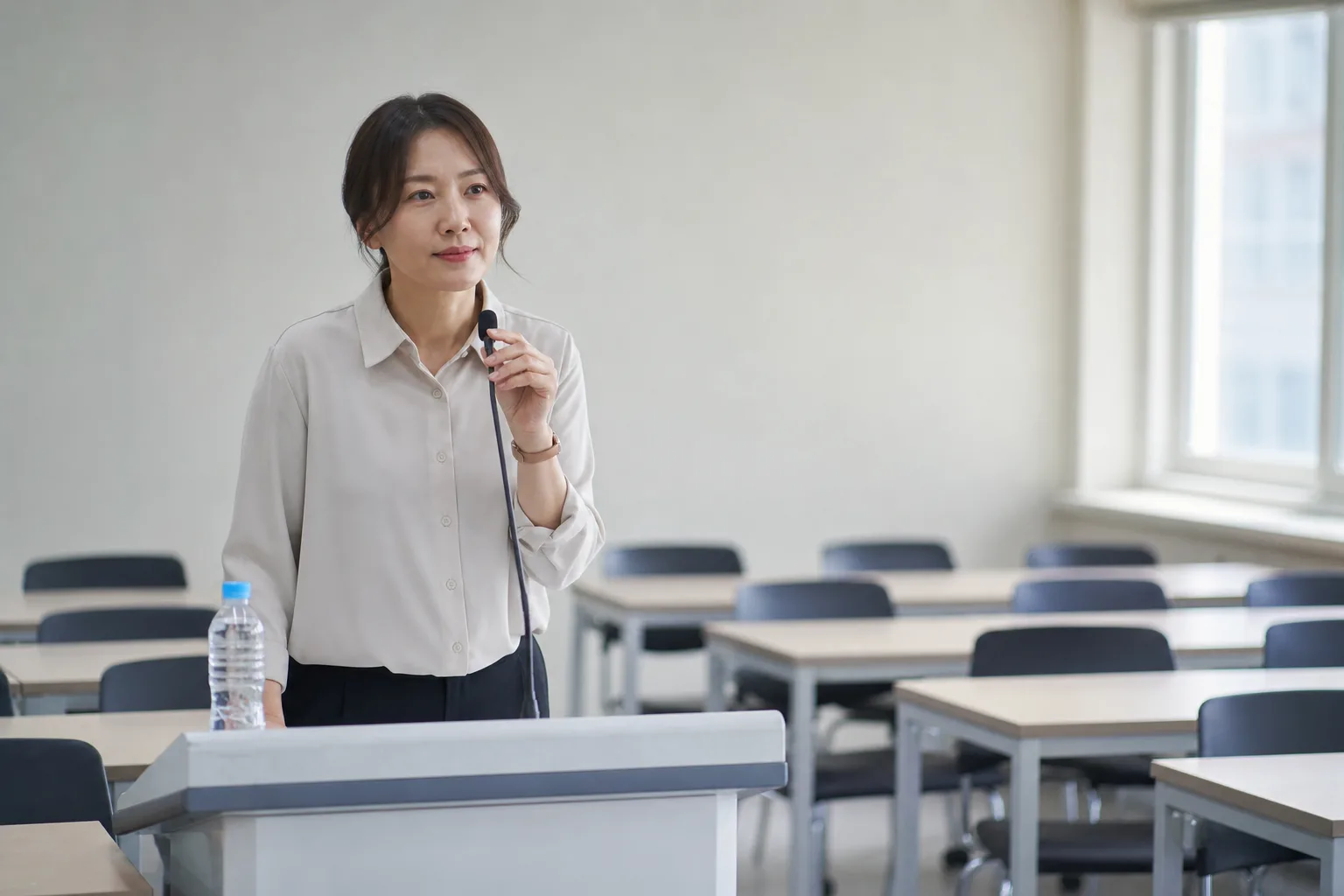 빈 교실에서 작은 마이크를 쓰며 편안하게 수업하는 성인 여성 교사