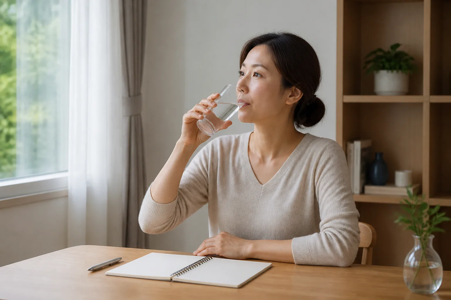 집에서 물을 마시며 빈 노트로 목소리 휴식을 기록하는 성인 여성