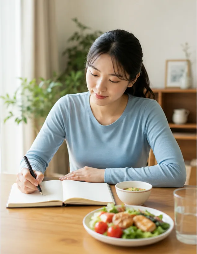 운동과 식사, 수면 변화를 빈 노트에 기록하는 20대 여성