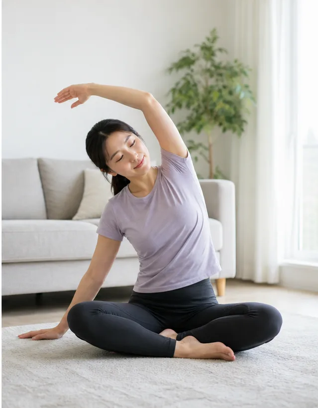 밝은 거실에서 무리하지 않고 가볍게 스트레칭하는 20대 여성