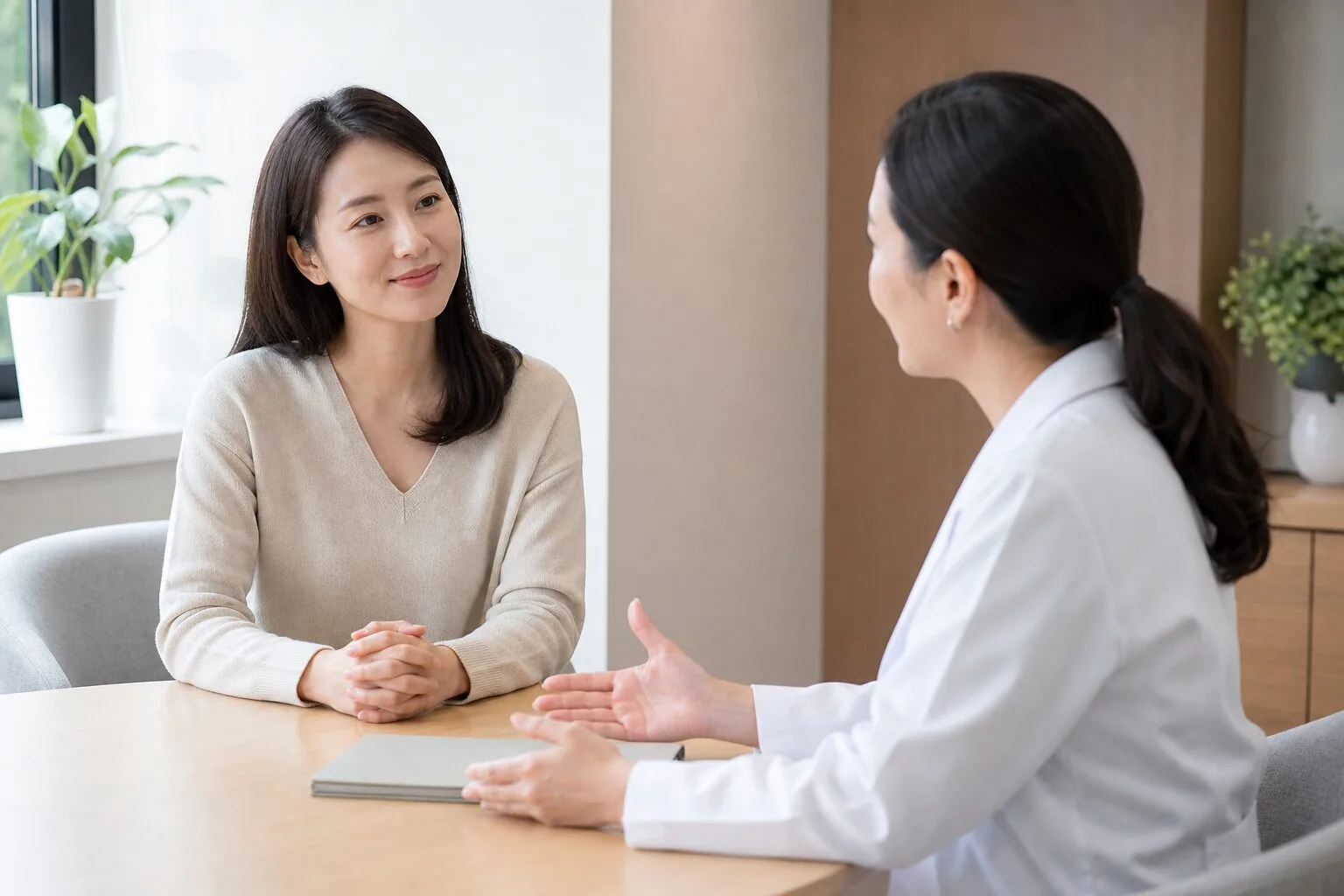 여성 환자와 여성 의료진이 치료 선택을 차분히 대화하는 모습