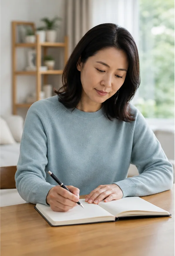 생리와 몸 상태 변화를 빈 노트에 기록하는 40대 여성