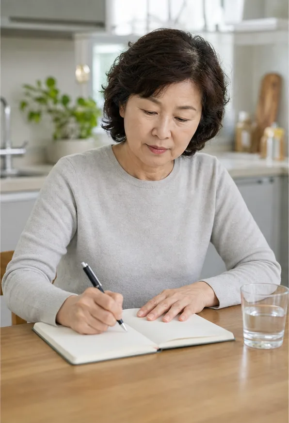 저녁 섭취와 수면 변화를 빈 노트에 기록하는 60대 여성