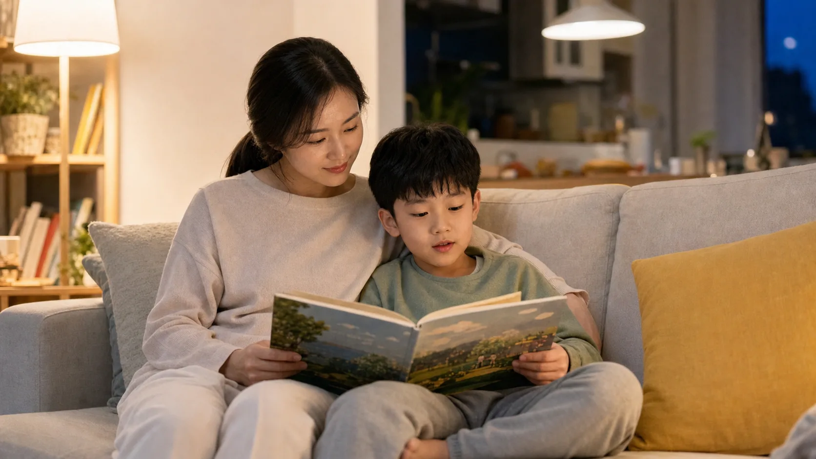 저녁에 보호자와 조용히 책을 읽는 초등학생