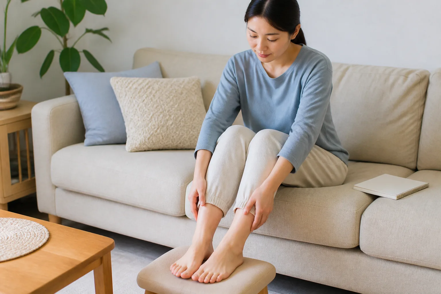 밝은 거실에서 양쪽 발목의 붓기 차이를 살펴보는 30대 여성