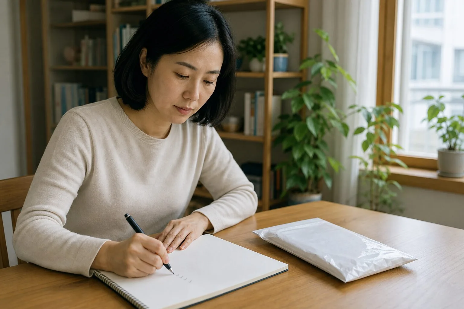 성인 여성이 집에서 빈 노트에 검사 준비와 생활 기록을 정리하는 모습