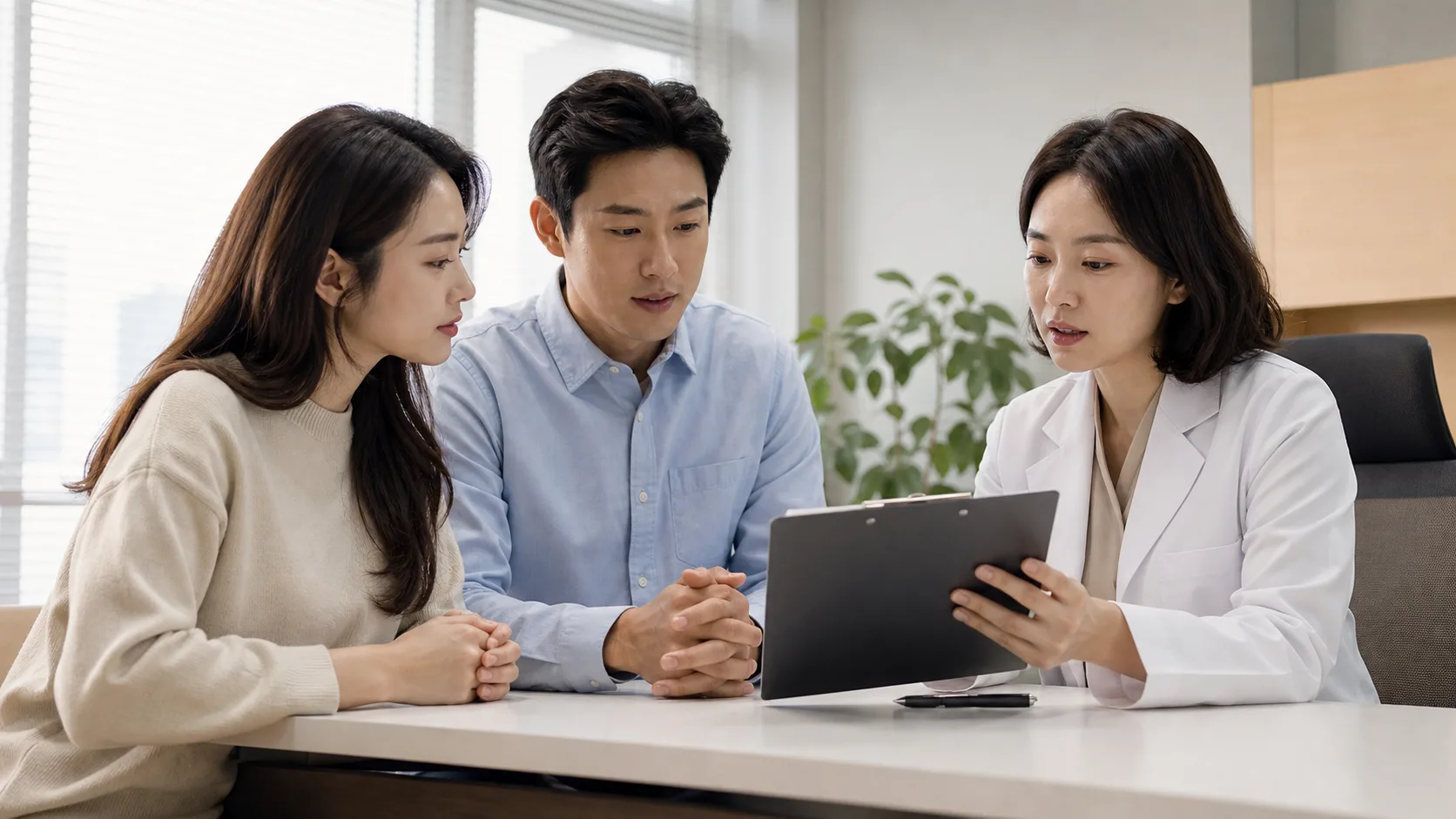 여성 의료진과 다음 검사 순서를 상담하는 성인 여성과 배우자