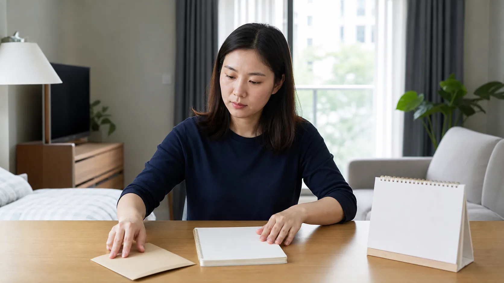 빈 검사 서류와 공책, 달력을 정리하며 진료를 준비하는 성인 여성