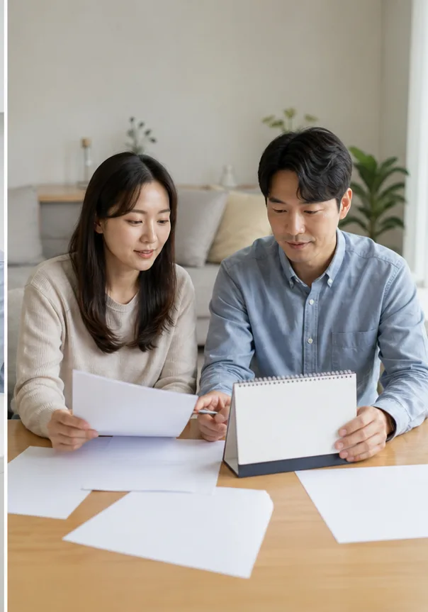 두 번의 임신 검사 기록과 빈 달력을 함께 정리하는 30대 부부