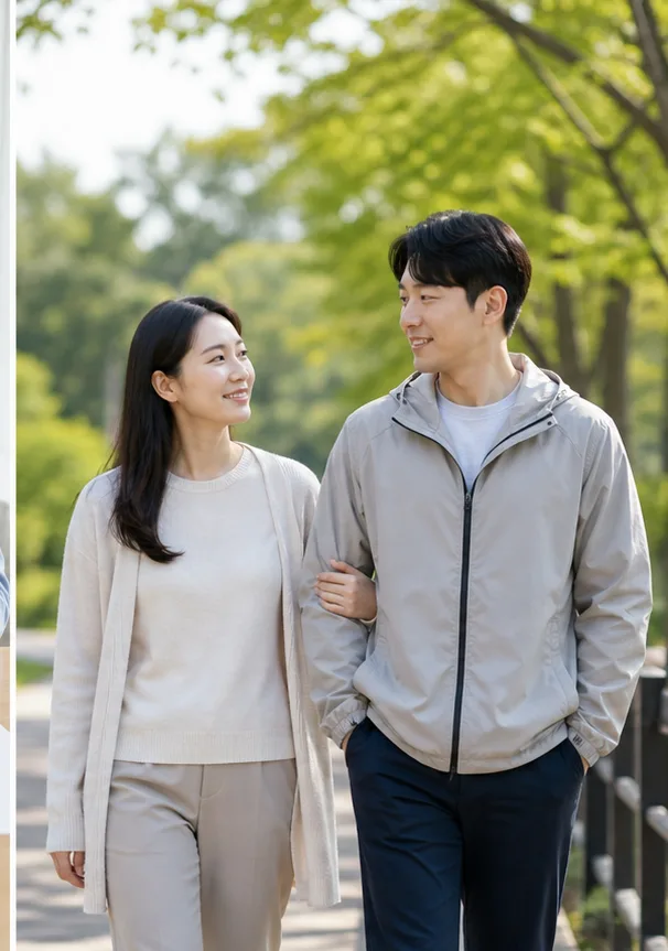 회복과 다음 계획을 이야기하며 공원을 걷는 30대 부부