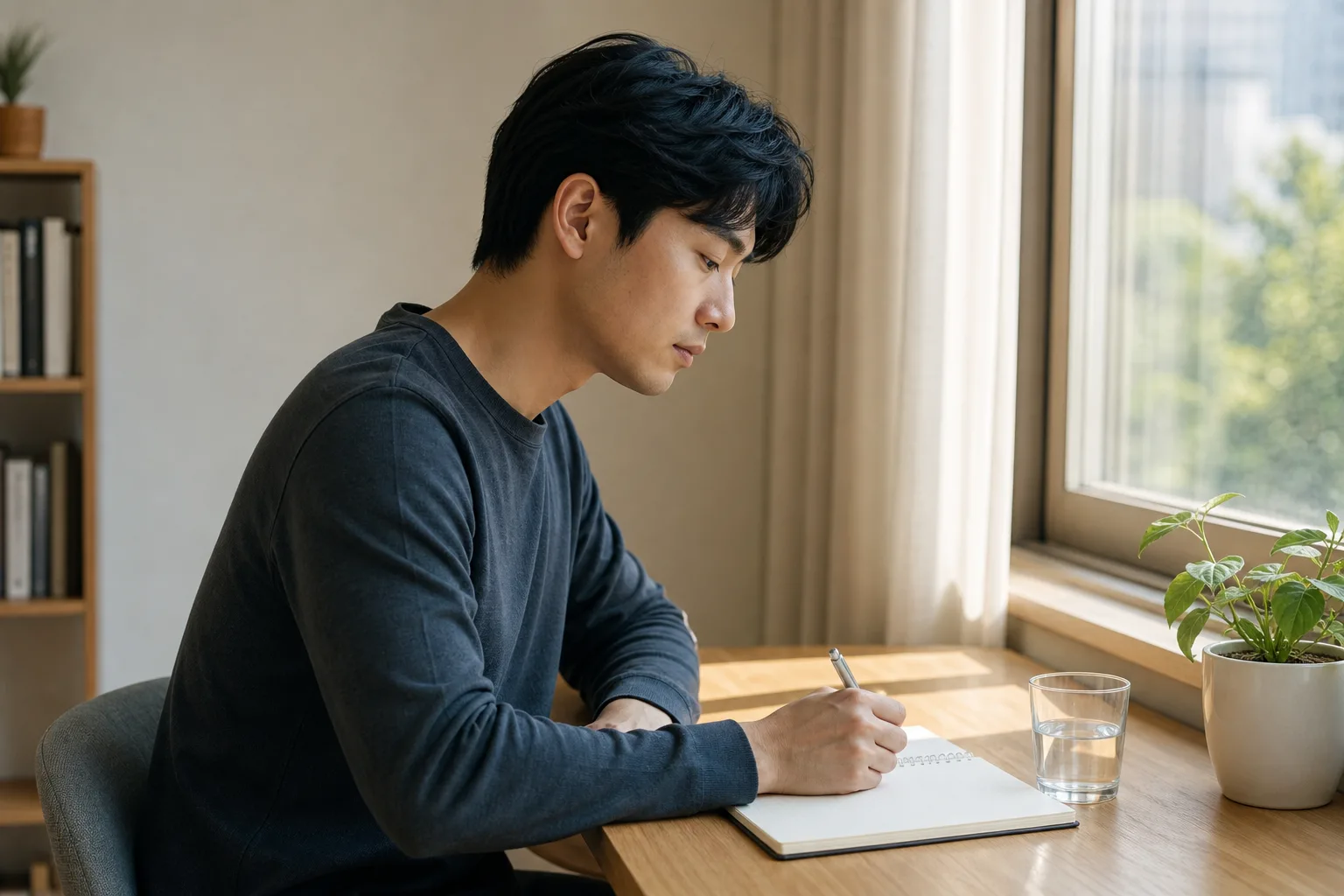 집의 창가 책상에서 빈 노트에 목소리 사용과 회복 흐름을 적는 30대 남성