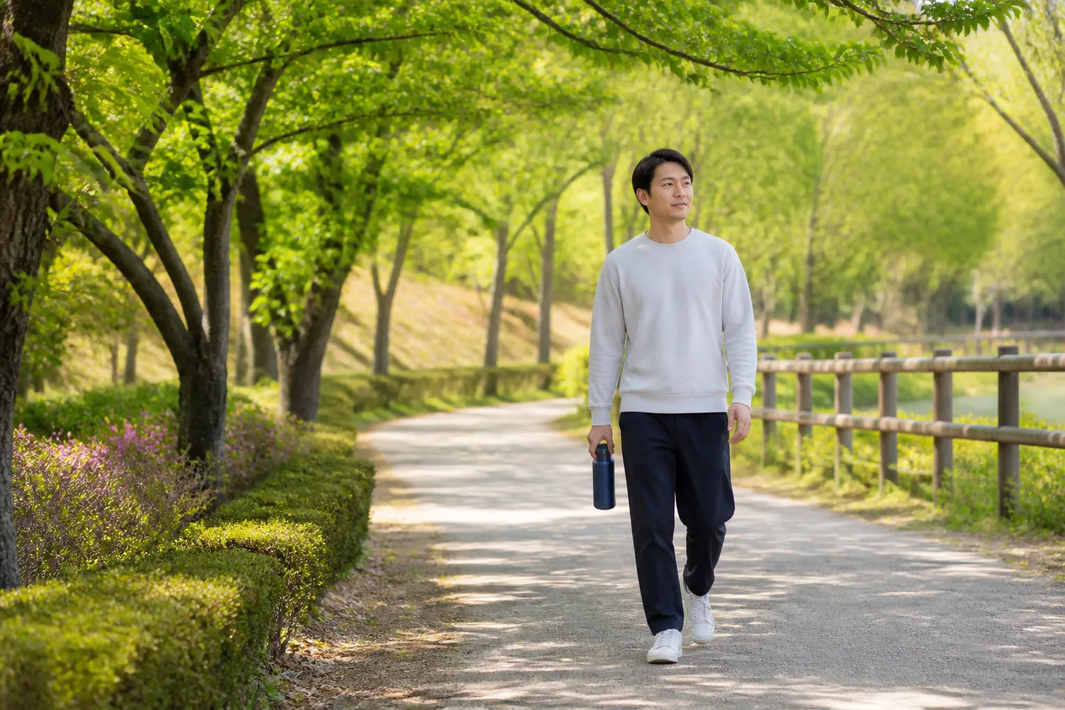 나무가 있는 공원 산책로를 물병과 함께 천천히 걷는 30대 남성