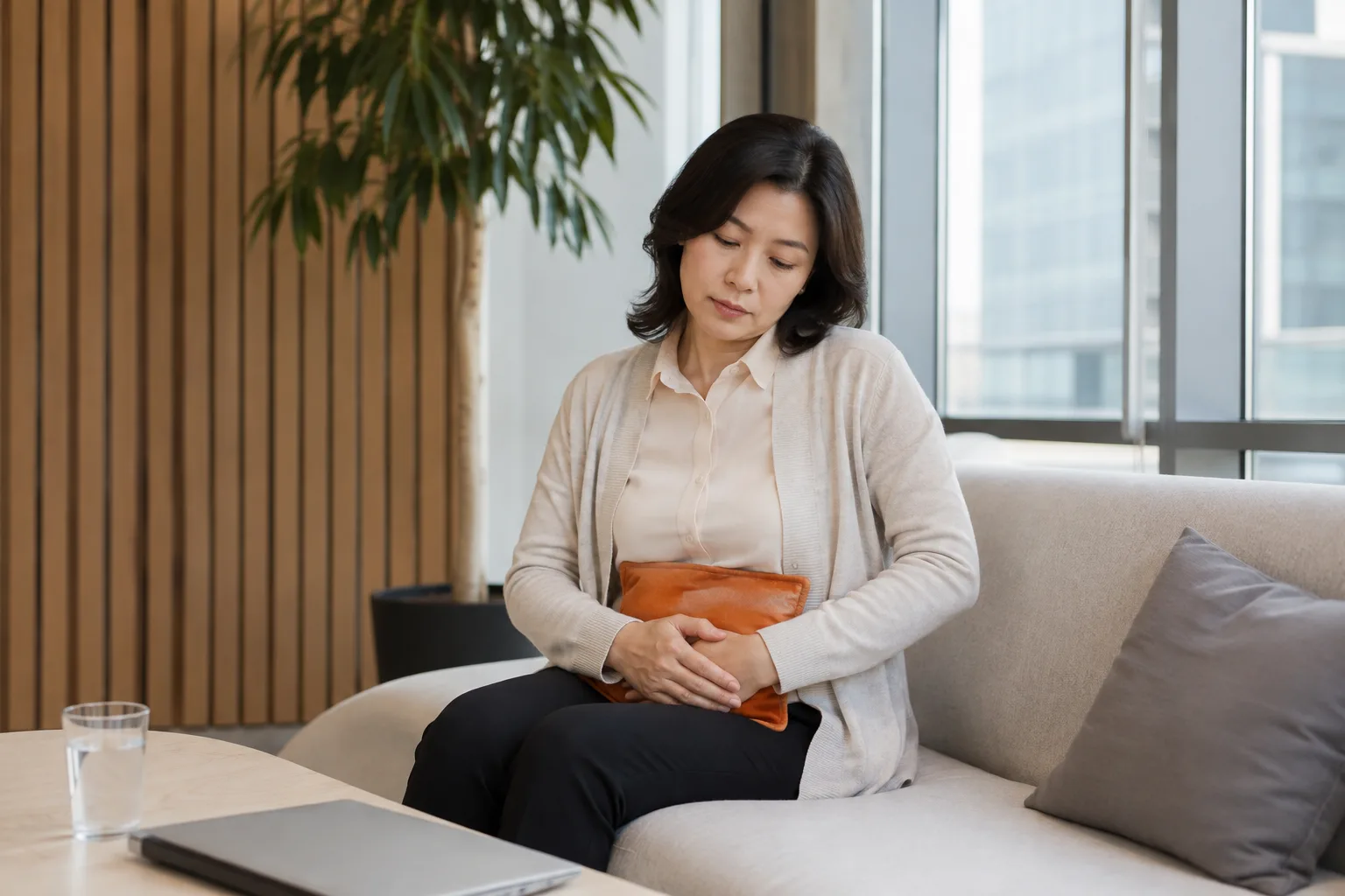업무 중 생리통으로 잠시 쉬며 온찜질팩을 아랫배에 댄 30대 후반 여성