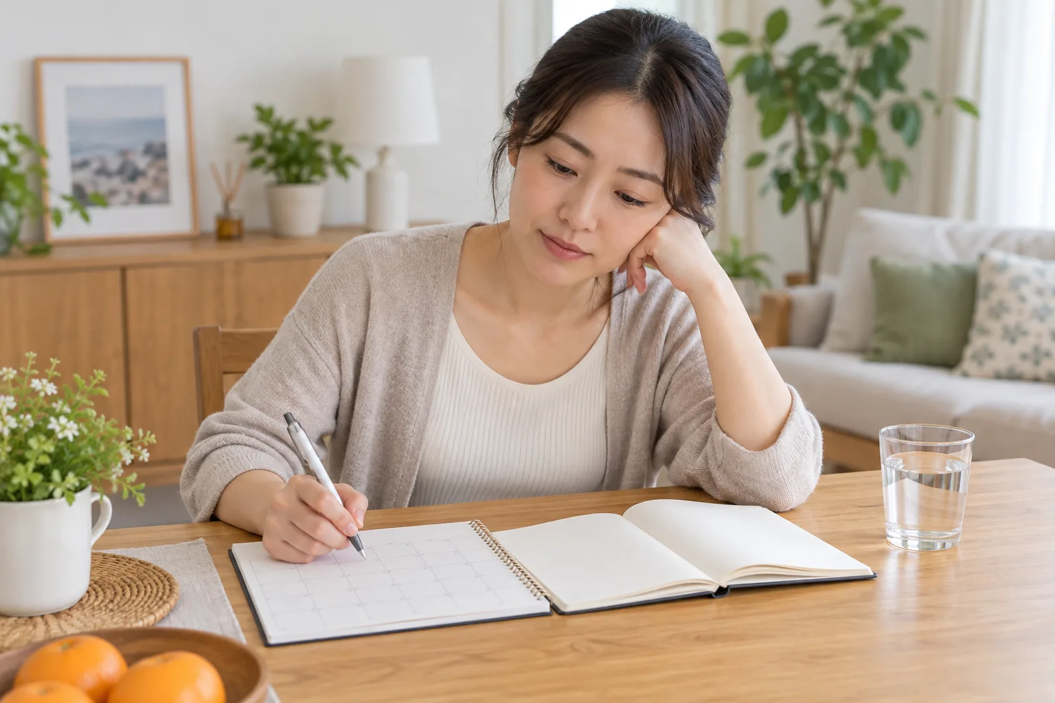 집에서 피로와 월경 양상을 글자 없는 달력과 공책에 기록하는 30대 한국인 여성
