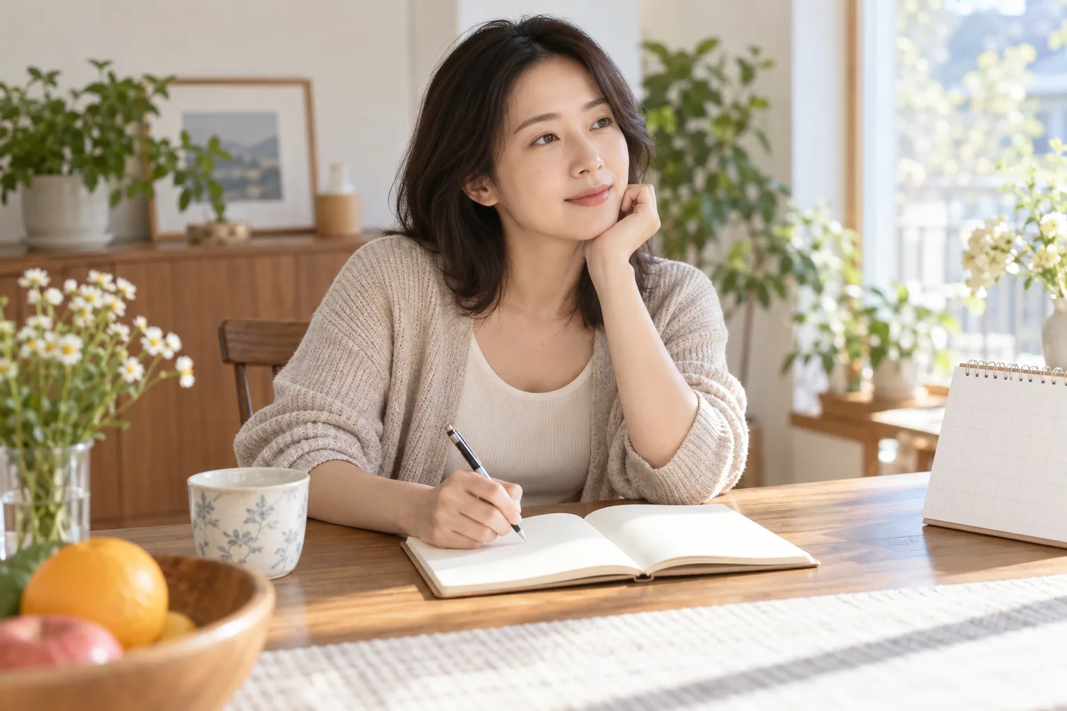 집에서 생리 증상 변화를 노트에 정리하는 성인 여성